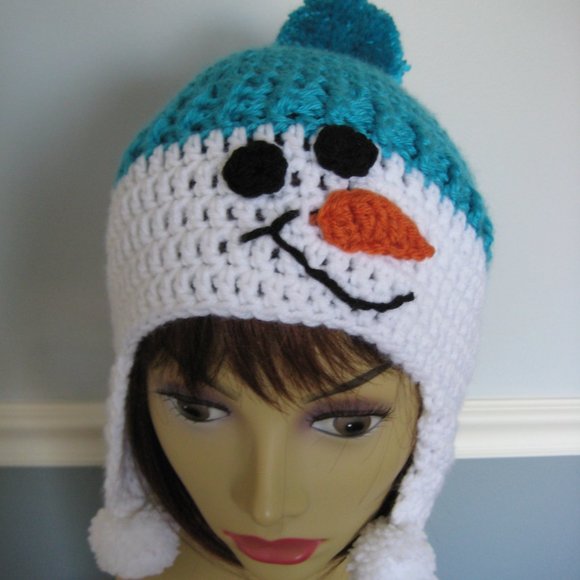 Teal Snowman Hat for Teens or Adults/Unisex Hand Knit Beanie w/ Pom Pom's - SALE - Picture 6 of 6